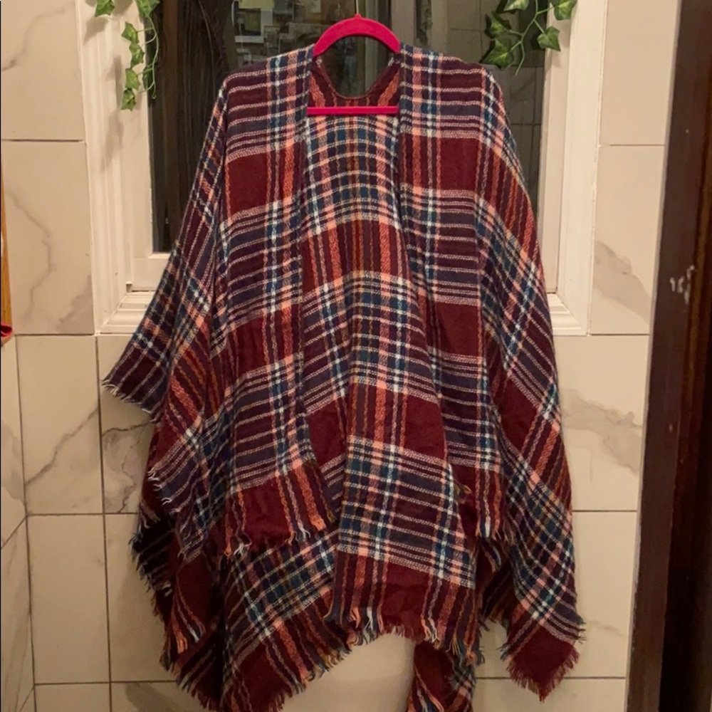 Francescas Maroon Navy White Plaid Shawl